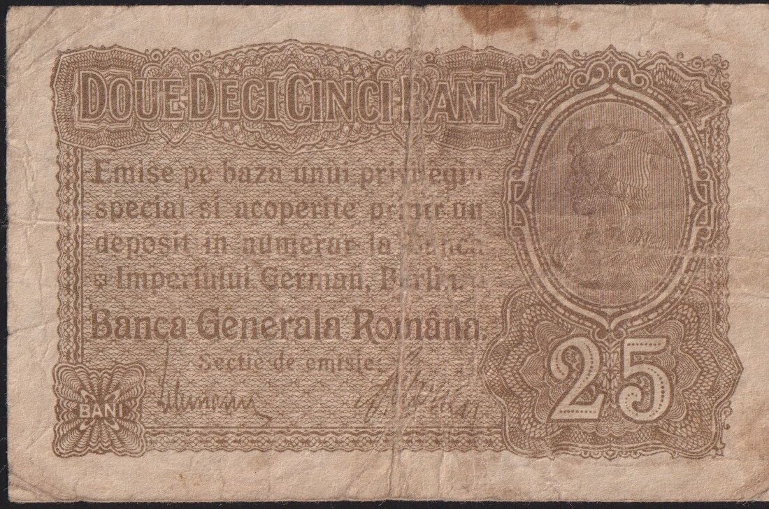 Romanya 25 Bani 1917 Çok Temiz  Pick 1 - Alman İşgali