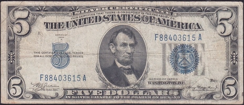 Amerika 5 Dolar 1934A Çok Temiz (Silver Sertifika Mavi Mühür)