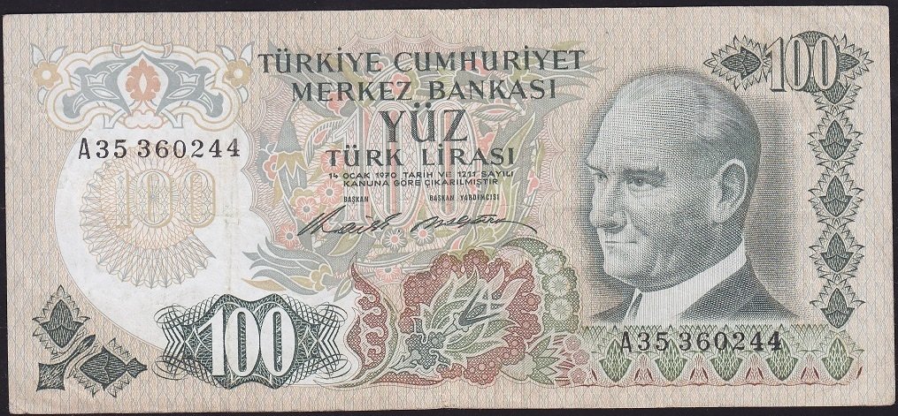 6.Emisyon 1.Tertip 100 Lira A35 360244 Çok Temiz