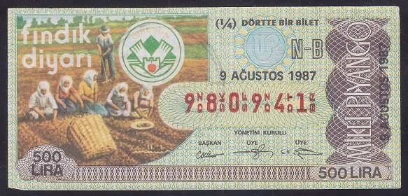1987 9 AĞUSTOS ÇEYREK BİLET N-B SERİSİ