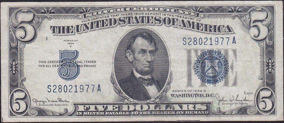 Amerika 5 Dolar 1934D Çok Temiz + (Silver Sertifika Mavi Mühür)