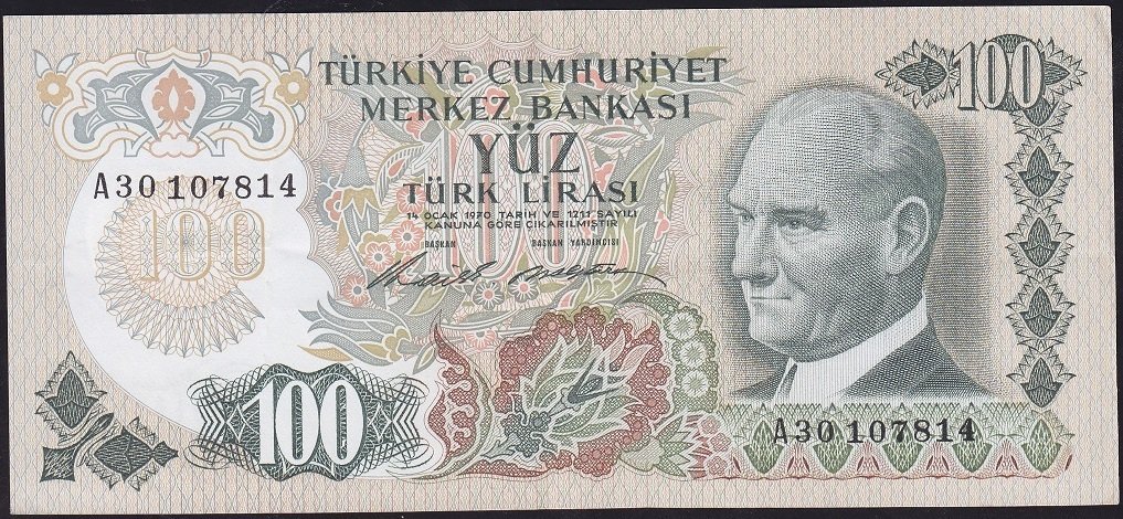 6.Emisyon 1.Tertip 100 Lira A30 107814 Çok Temiz+