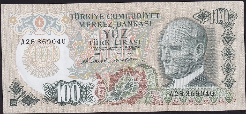 6.Emisyon 1.Tertip 100 Lira A28 369040 Çok Temiz+