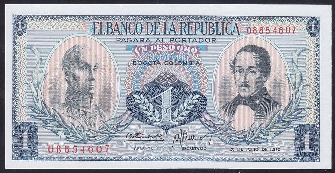 Kolombiya 1 Peso Oro 1972 Çil Pick404e