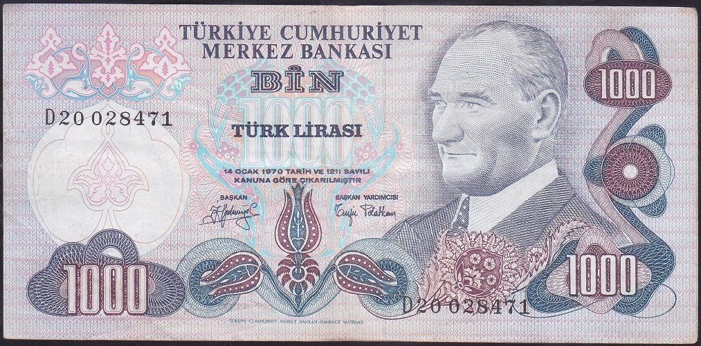 6.EMİSYON 2.TERTİP 1000 LİRA D20 028471 ÇOK TEMİZ +