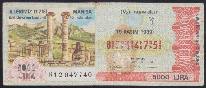 1989 19 KASIM YARIM BİLET Y SERİSİ