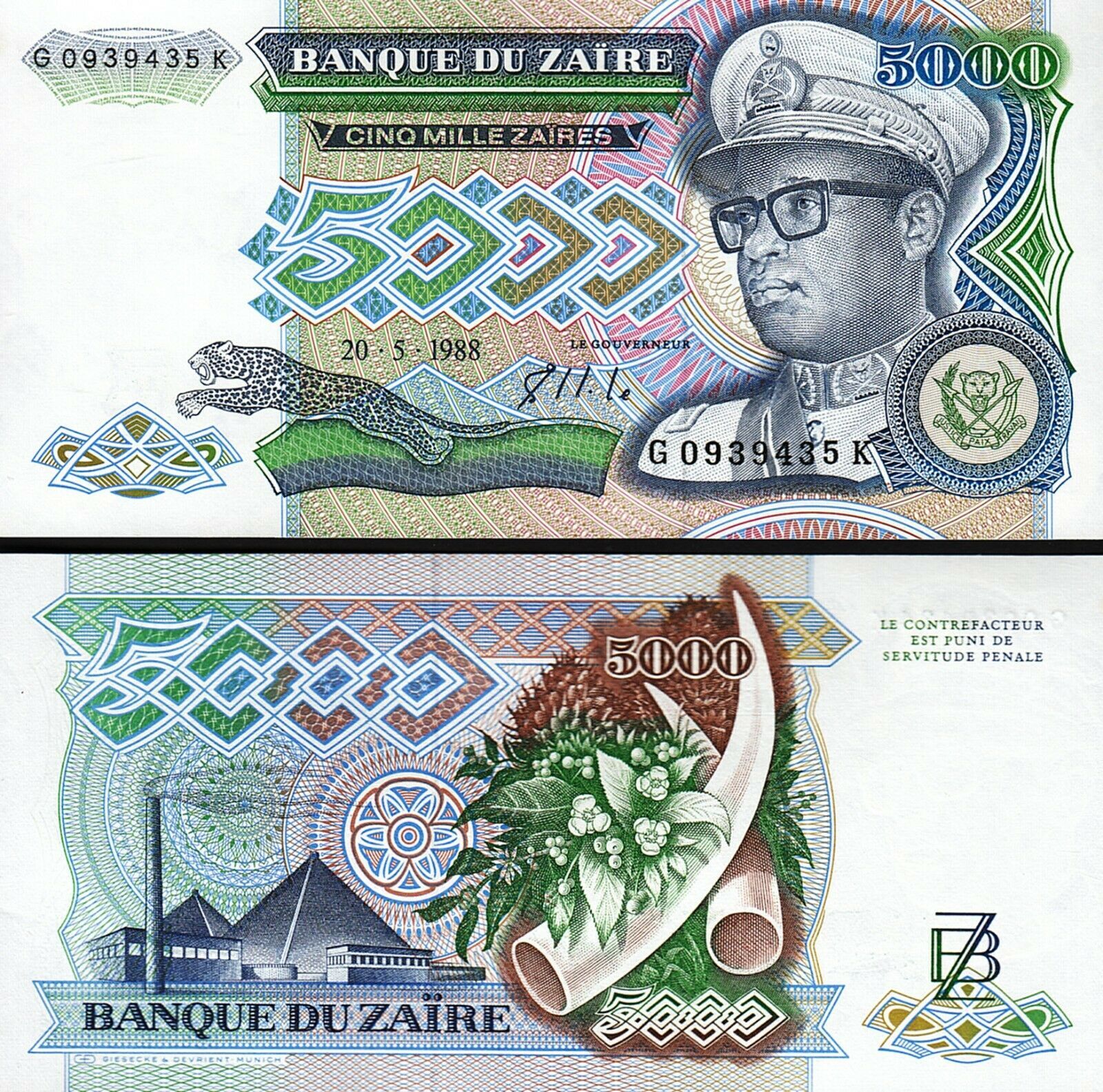Zaire 5000 Zaires 1988 Çil Pick 37b