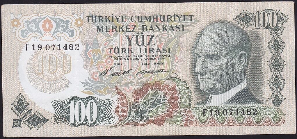 6.Emisyon 1.Tertip 100 Lira F19 071482 Çok Çok Temiz+