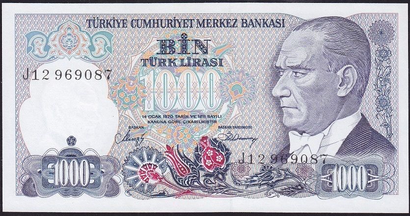 7.Emisyon 2.Tertip 1000 Lira J12 969087 Çil