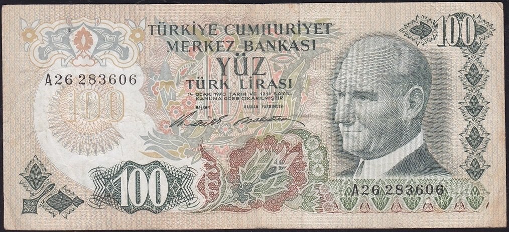 6.Emisyon 1.Tertip 100 Lira A26 283606 Çok Temiz