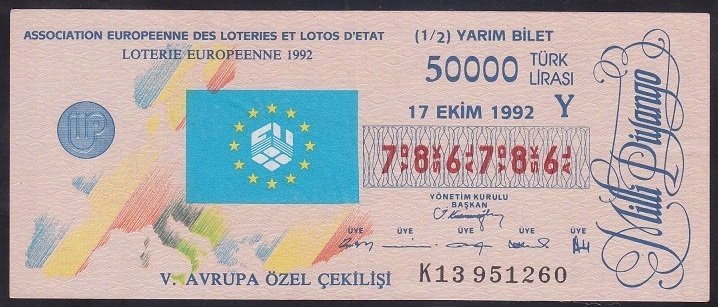 1992 17 EKİM YARIM BİLET Y SERİSİ