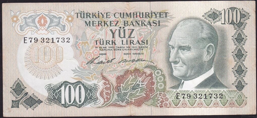 6.Emisyon 1.Tertip 100 Lira E79 321732 Çok Temiz+