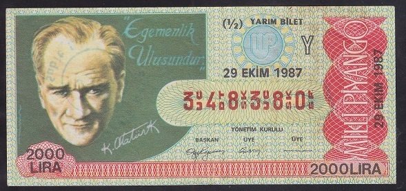 1987 29 EKİM YARIM BİLET Y SERİSİ