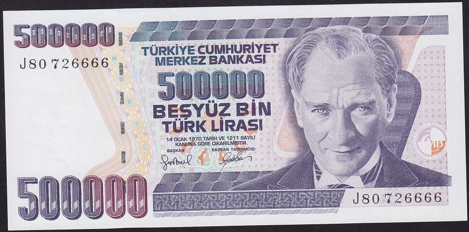 7.Emisyon 4.Tertip 500.000 Lira J80 726666 Çil