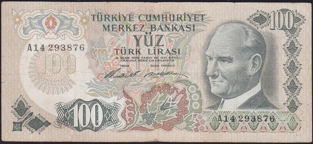 6.Emisyon 1.Tertip 100 Lira A14 293876 Çok Temiz