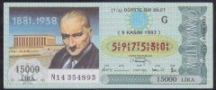 1992 9 KASIM ÇEYREK BİLET G SERİSİ