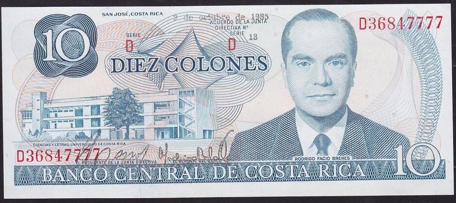 Kosta Rika 10 Colones 1985 Çil Pick 237b ( 2 Ekim 1985 ) ( 7777 )