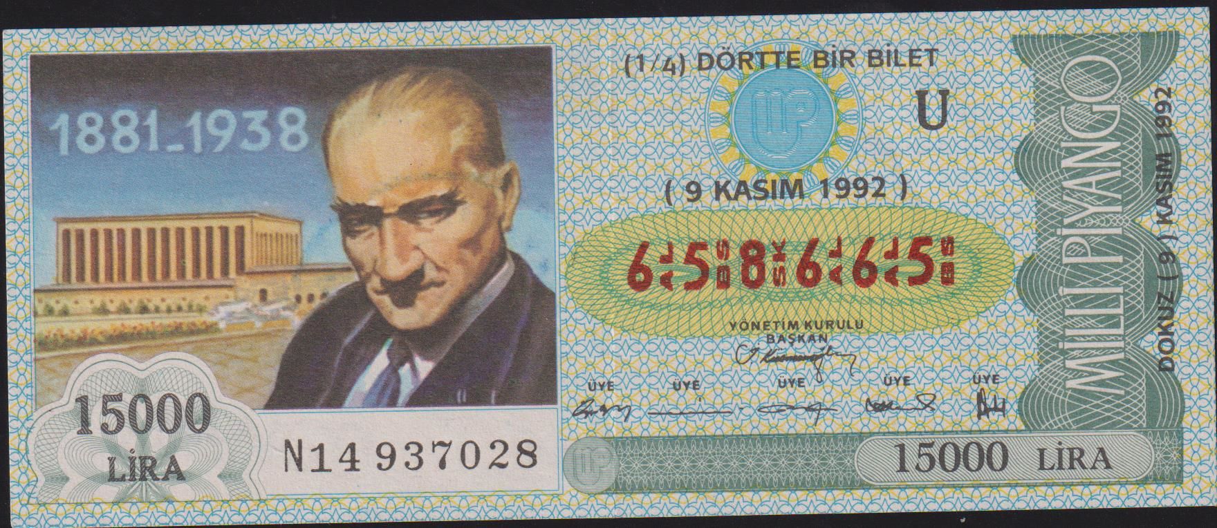 1992 9 Kasım Çeyrek Bilet - U Serisi