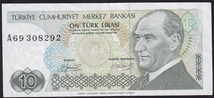 7.Emisyon 1.Tertip 10 Lira A69 308292 Çok Temiz +