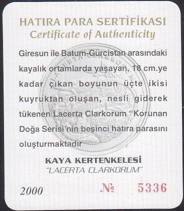 Hatıra Para Sertifikası - Kaya Kertenkelesi - 2000 Yılı