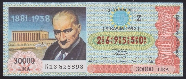 1992 9 KASIM YARIM BİLET Z SERİSİ