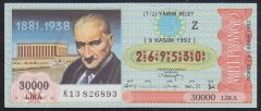 1992 9 KASIM YARIM BİLET Z SERİSİ