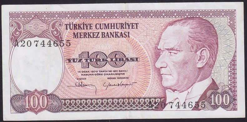 7.EMİSYON 1.TERTİP 100 LİRA A20 744655 ÇOK TEMİZ +