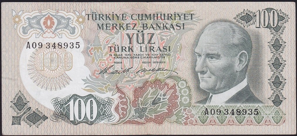 6.Emisyon 1.Tertip 100 Lira A09 348935 Çok Temiz+