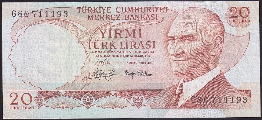 6.EMİSYON 3.TERTİP 20 LİRA G86 711193 ÇÇT eski para