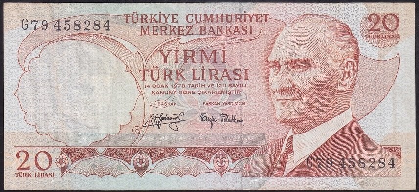 6.EMİSYON 3.TERTİP 20 LİRA G79 458284 ÇOK TEMİZ + eski para