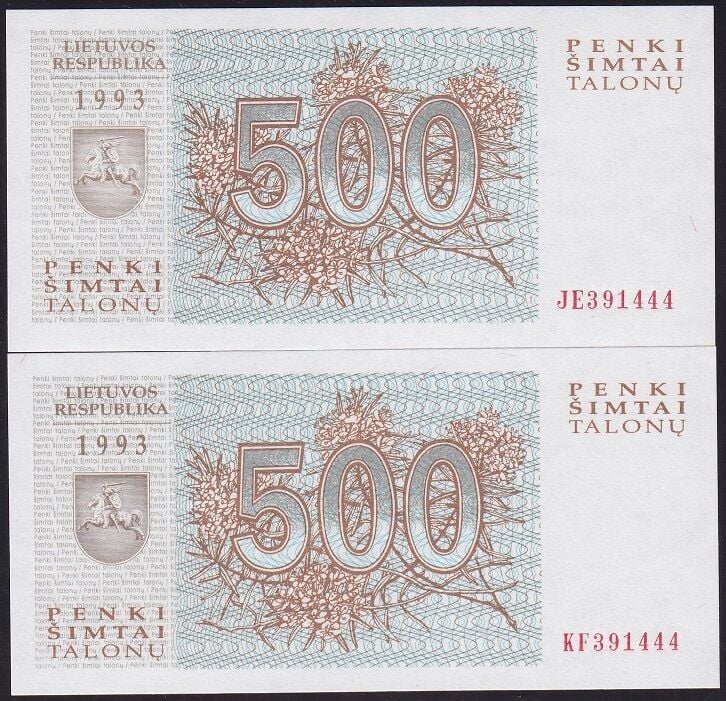 Litvanya 500 Talonu 1993 Çil 2 Adet Rakamlar Aynı 391444