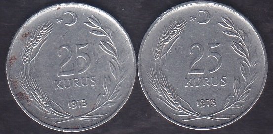 1973 Yılı 25 Kuruş Çok Temiz (Ters Düz Takım )