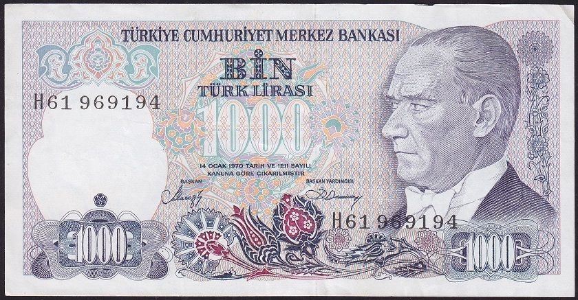 7.Emisyon 2.Tertip 1000 Lira H61 969194 Çok Temiz+