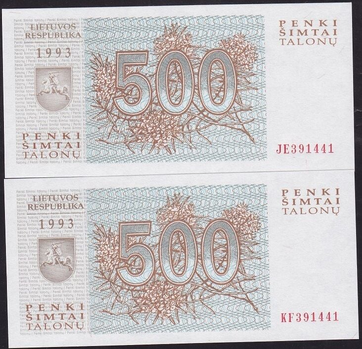 Litvanya 500 Talonu 1993 Çil 2 Adet Rakamlar Aynı