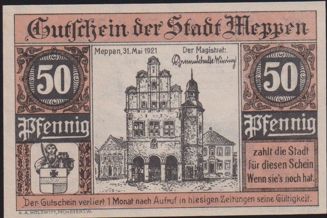 Almanya 50 Pfennig Notgeld 1921 Çil Filigranlı