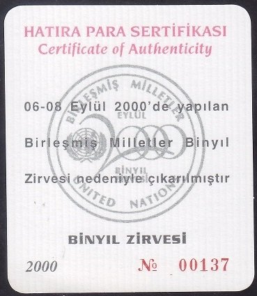 Hatıra Para Sertifikası - Binyıl Zirvesi - 2000 Yılı