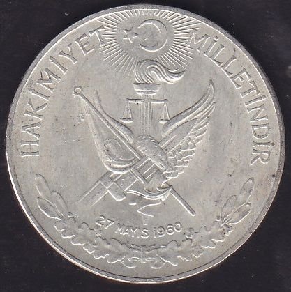 1960 Yılı 10 Lira - Hakimiyet Milletindir İhtilal Gümüş (15 Gram) Çilaltı Çil