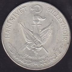 1960 Yılı 10 Lira - Hakimiyet Milletindir İhtilal Gümüş (15 Gram) Çilaltı Çil