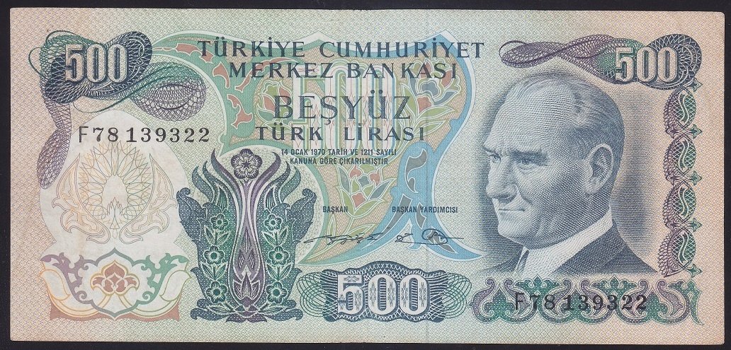 6.EMİSYON 2.TERTİP 500 LİRA F78 139322 ÇOK TEMİZ