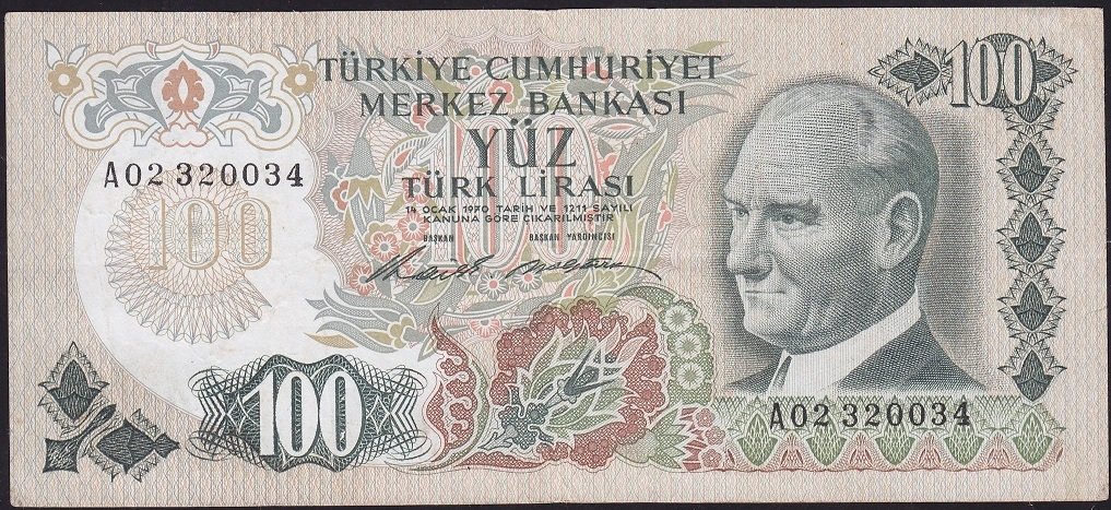 6.Emisyon 1.Tertip 100 Lira A02 320034 Çok Temiz+