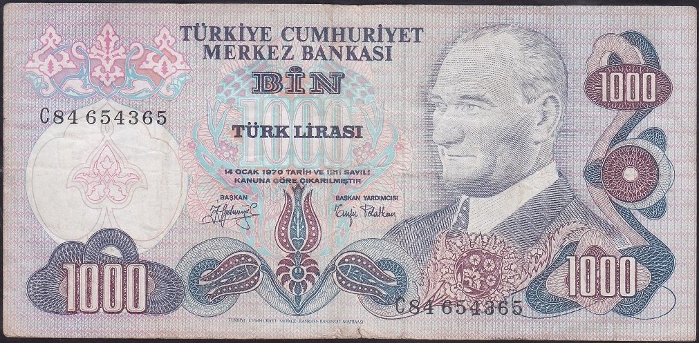 6.EMİSYON 2.TERTİP 1000 LİRA C84 654365 ÇOK TEMİZ