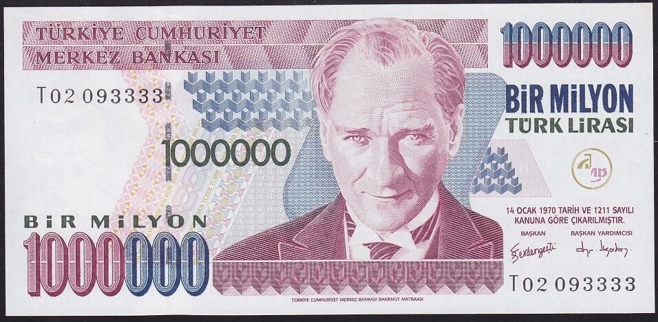 7.Emisyon 3.Tertip 1000000 Lira T02 093333 Çilaltı Çil