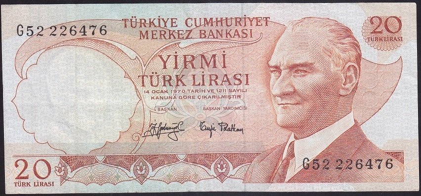 6.EMİSYON 3.TERTİP 20 LİRA G52 226476 ÇOK TEMİZ +