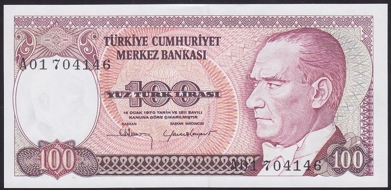 7.EMİSYON 1.TERTİP 100 LİRA A01 704146 ÇİL