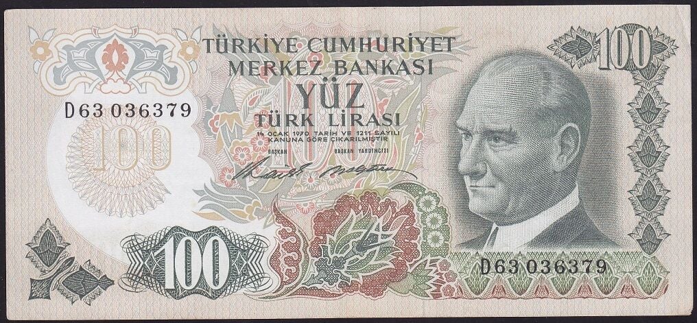 6.Emisyon 1.Tertip 100 Lira D63 036379 Çok Çok Temiz