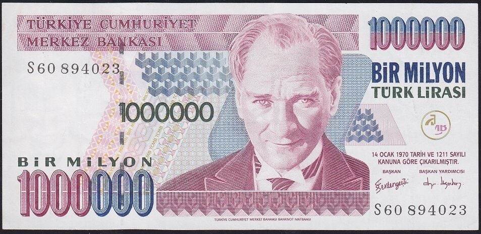 7.Emisyon 3.Tertip 1000000 Lira S60 894023 Çok Temiz+