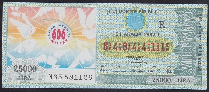 1992 31 ARALIK ÇEYREK BİLET R SERİSİ