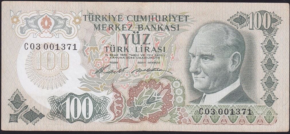 6.Emisyon 1.Tertip 100 Lira C03 001371 Çok Çok Temiz+