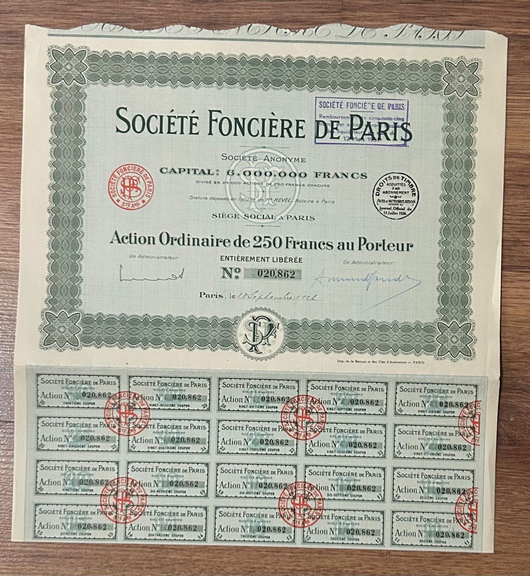 Hisse Senedi - Societe Fonciere de Paris 1926 ( 34 X 32 cm )