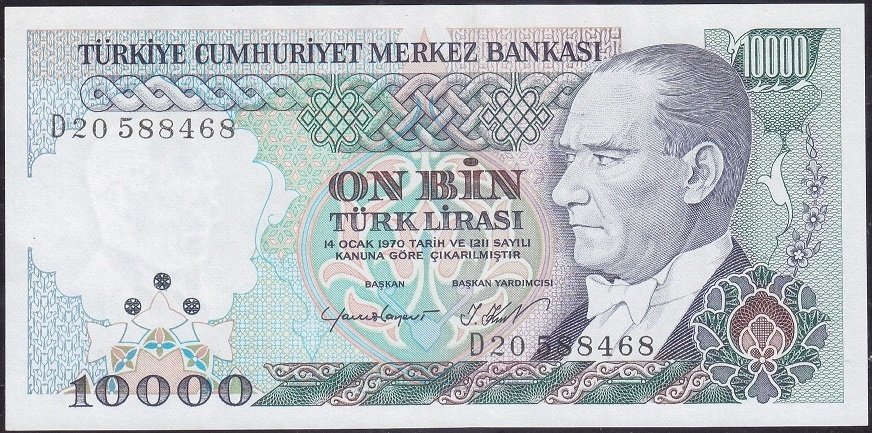 7.Emisyon 2.Tertip 10000 Lira D20 588468 Çilaltı  ( tedavül katı yok )